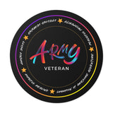 Elevate your electronic devices and more with our Army Veteran Neon Round Vinyl Sticker, a vibrant tribute to the resilience and strength of military Veterans. Perfect for military service members, female veterans, and anyone seeking to support this special population through the endorsement of positive character traits.