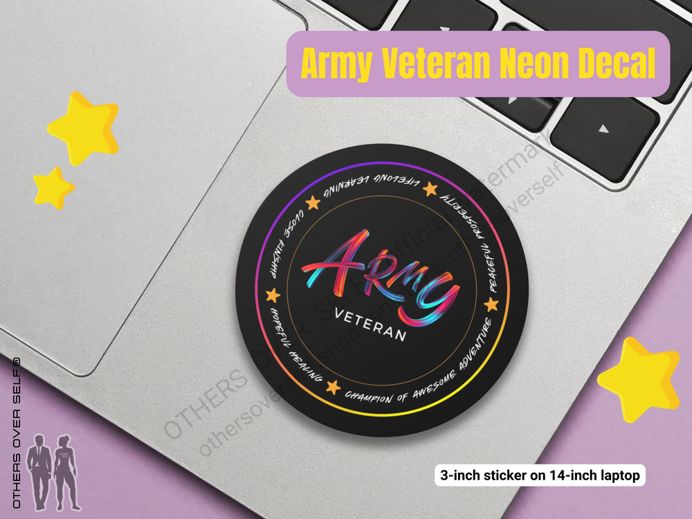 Elevate your electronic devices and more with our Army Veteran Neon Round Vinyl Sticker, a vibrant tribute to the resilience and strength of military Veterans. Perfect for military service members, female veterans, and anyone seeking to support this special population through the endorsement of positive character traits. 