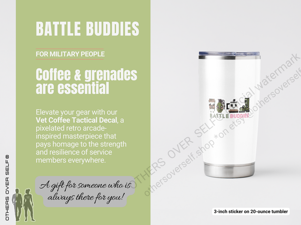 Elevate your gear with our Battle Buddies EOD Vet Coffee Tactical Decal, a pixelated retro arcade-inspired masterpiece that pays homage to the strength and resilience of women in the military. Perfect for laptops, e-readers, luggage, and more, this vinyl sticker is a dynamic blend of patriotism and style.